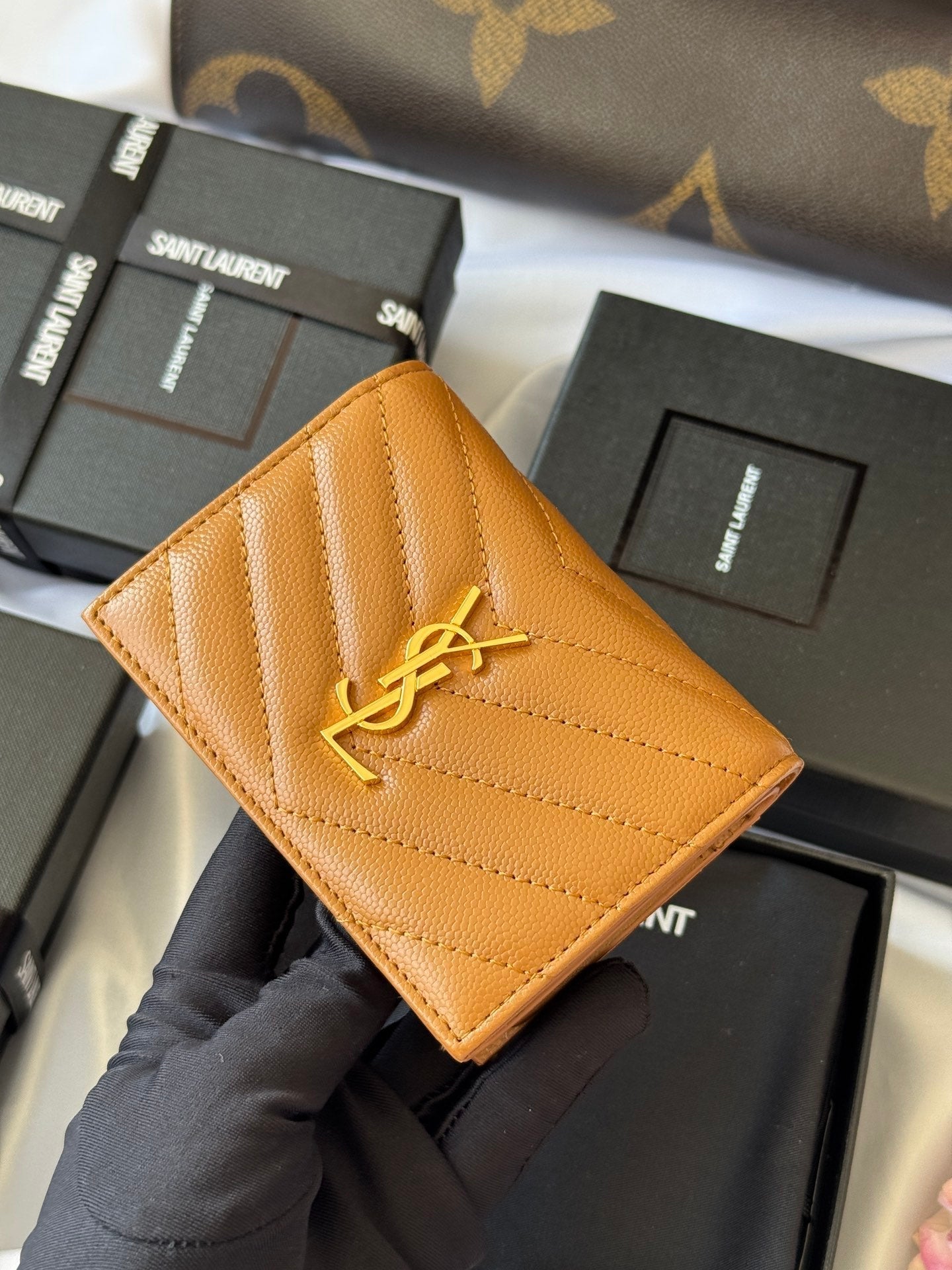 YSL Geldbörse Brown Gold Cowhide 240576