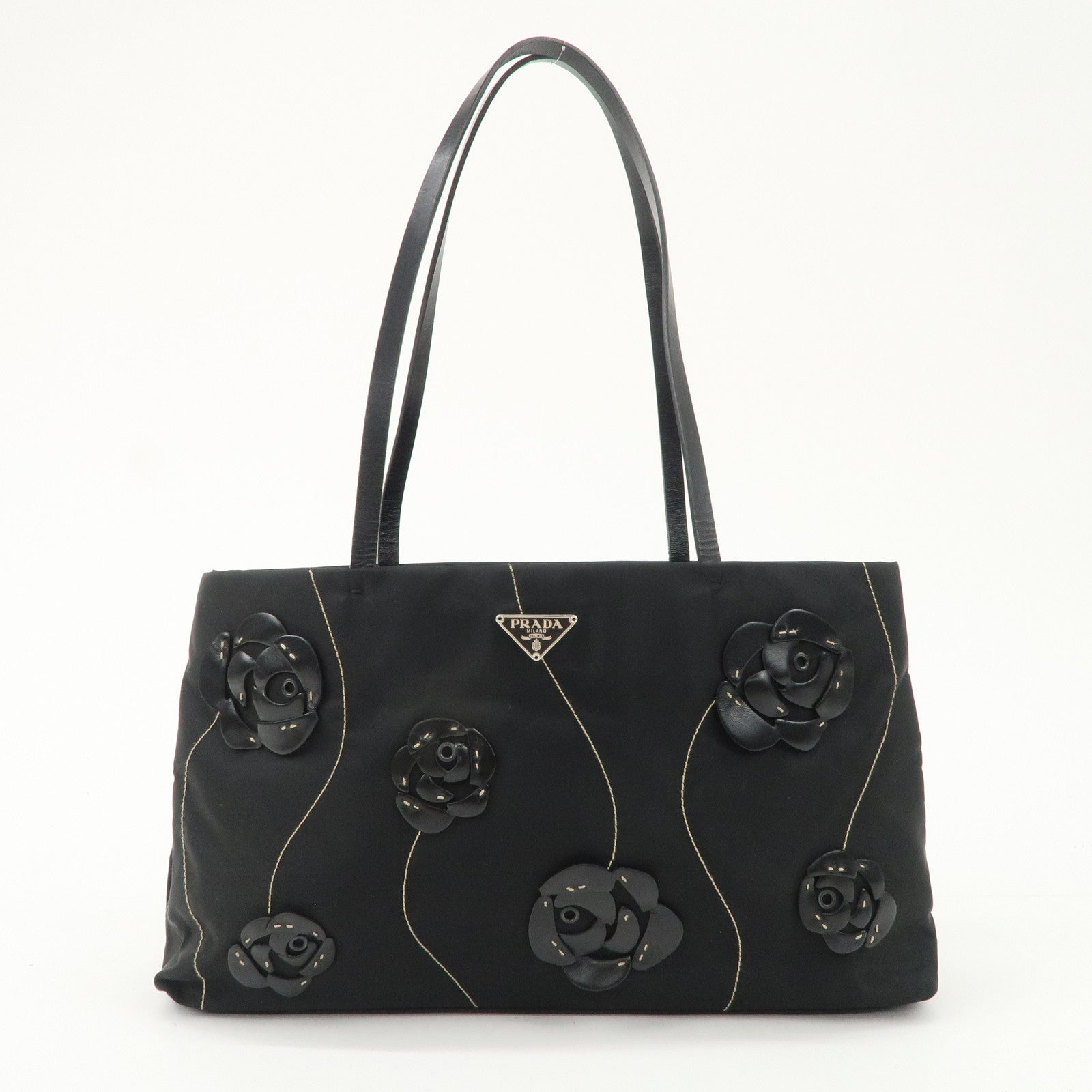 PRADA Traiangle Logo Nylon Leather Flower Tote Bag Black