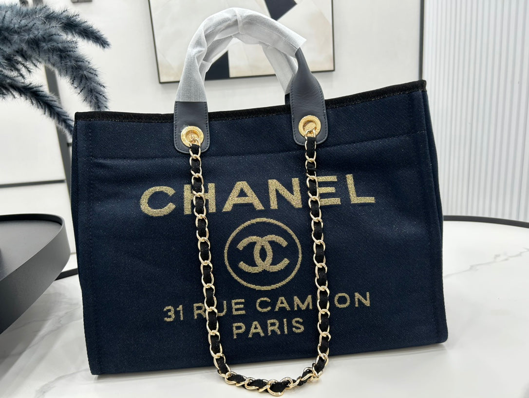 CC Deauville Tweed Tasche Schwarz Leder Gold Hardware 21