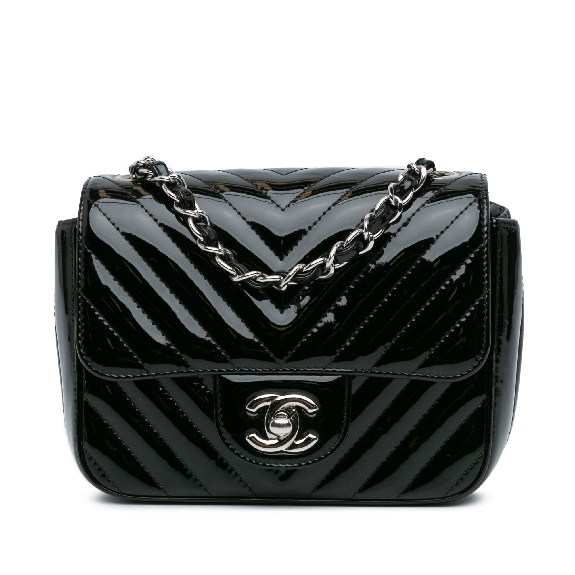 Schwarz Chanel Mini Square Classic Patent Chevron Flap Crossbody-Tasche