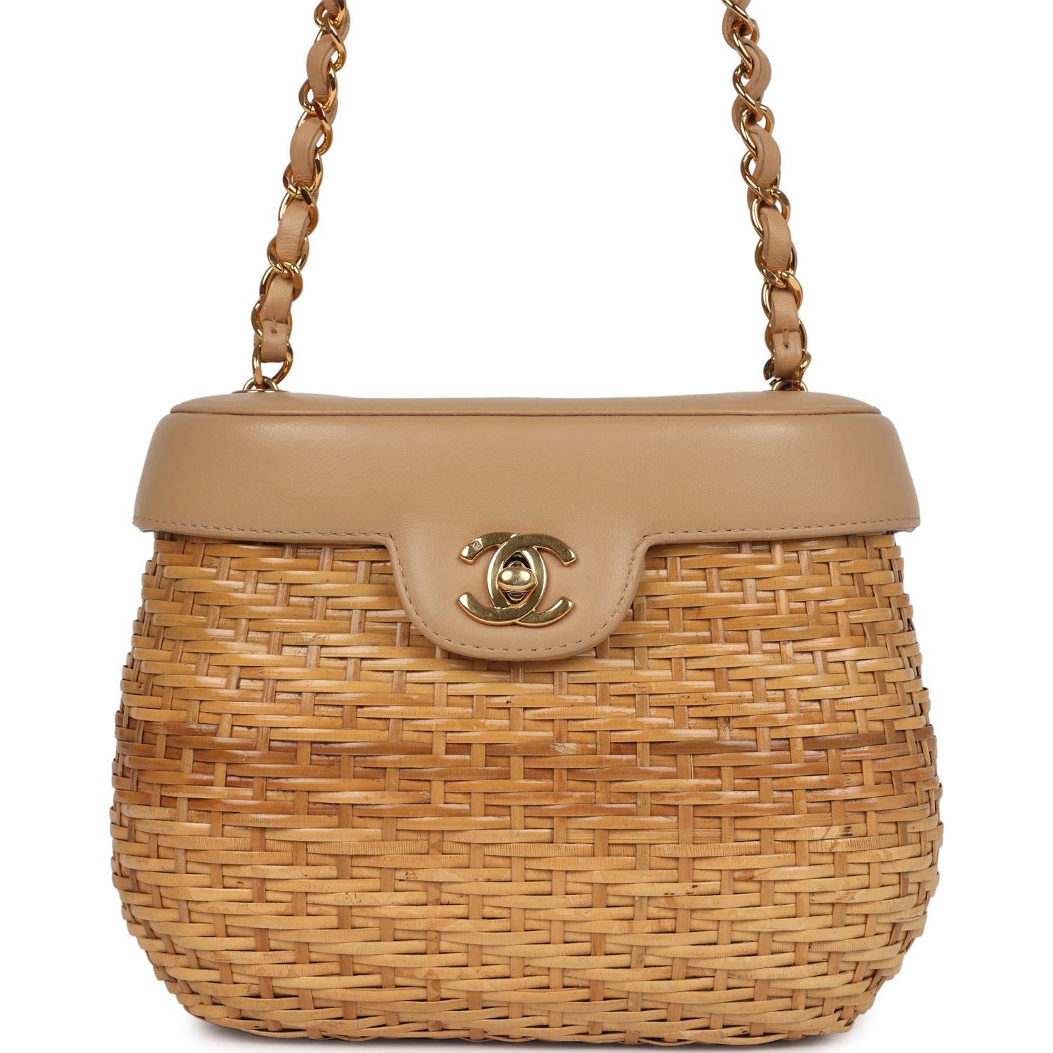 Chanel Basket Bag Beige Lammleder und Rattan Wicker Gold-Hardware