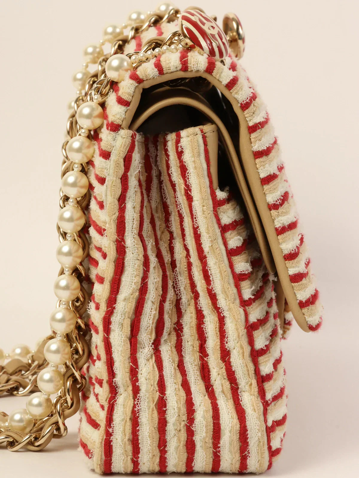 Chanel Around Made Cotton Striped Classic New Chain Handtasche Beige/Rot/Weiß